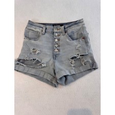 Aero Super High Rise Midi Distressed Denim Shorts Light Wash Button Fly Size 4