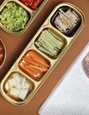 3x 4-FACH GOLDENES SOSSENTABLETT, LUXUS SERVIERSCHALE KETCHUP, SENF & DIPS