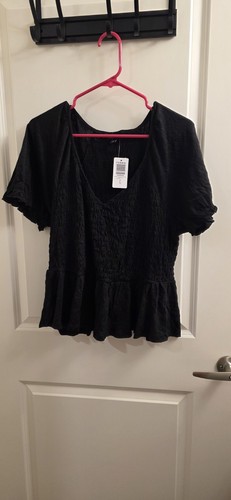 Torrid 0X NWT Cotton Modal Slub Smocked Short Sleeve Babydoll Top Black, Soft