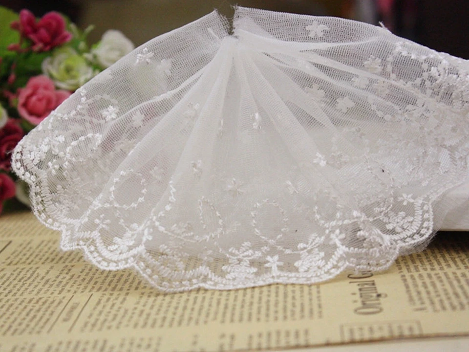 5 Yards White Embroidery Flower Lace Trims Tulle Bridal Dress Craft 4" 100mmwide - Image 3 of 4