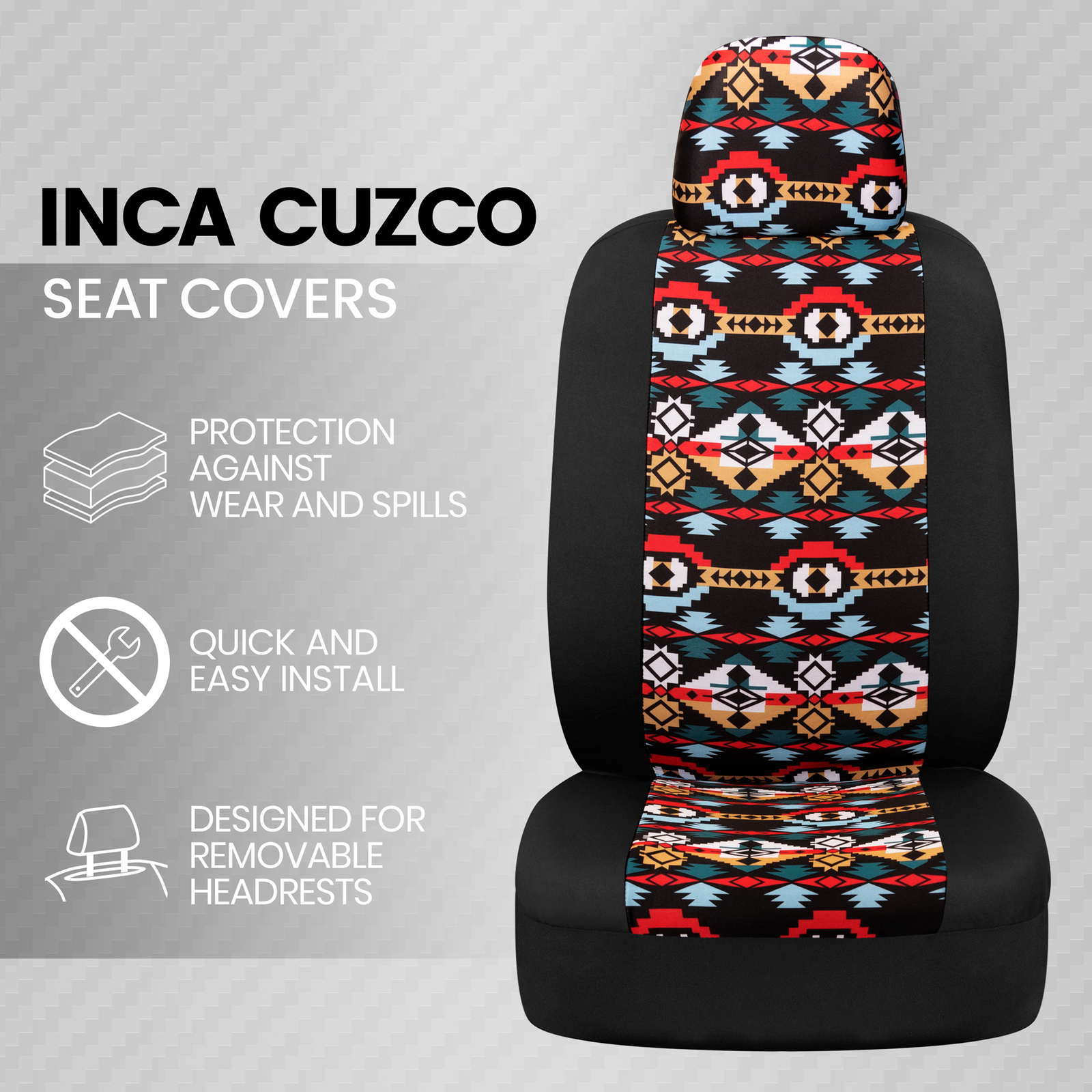Aztec Print Car Seat Covers, Geometric 2-Pack for Front Seats & Headrests