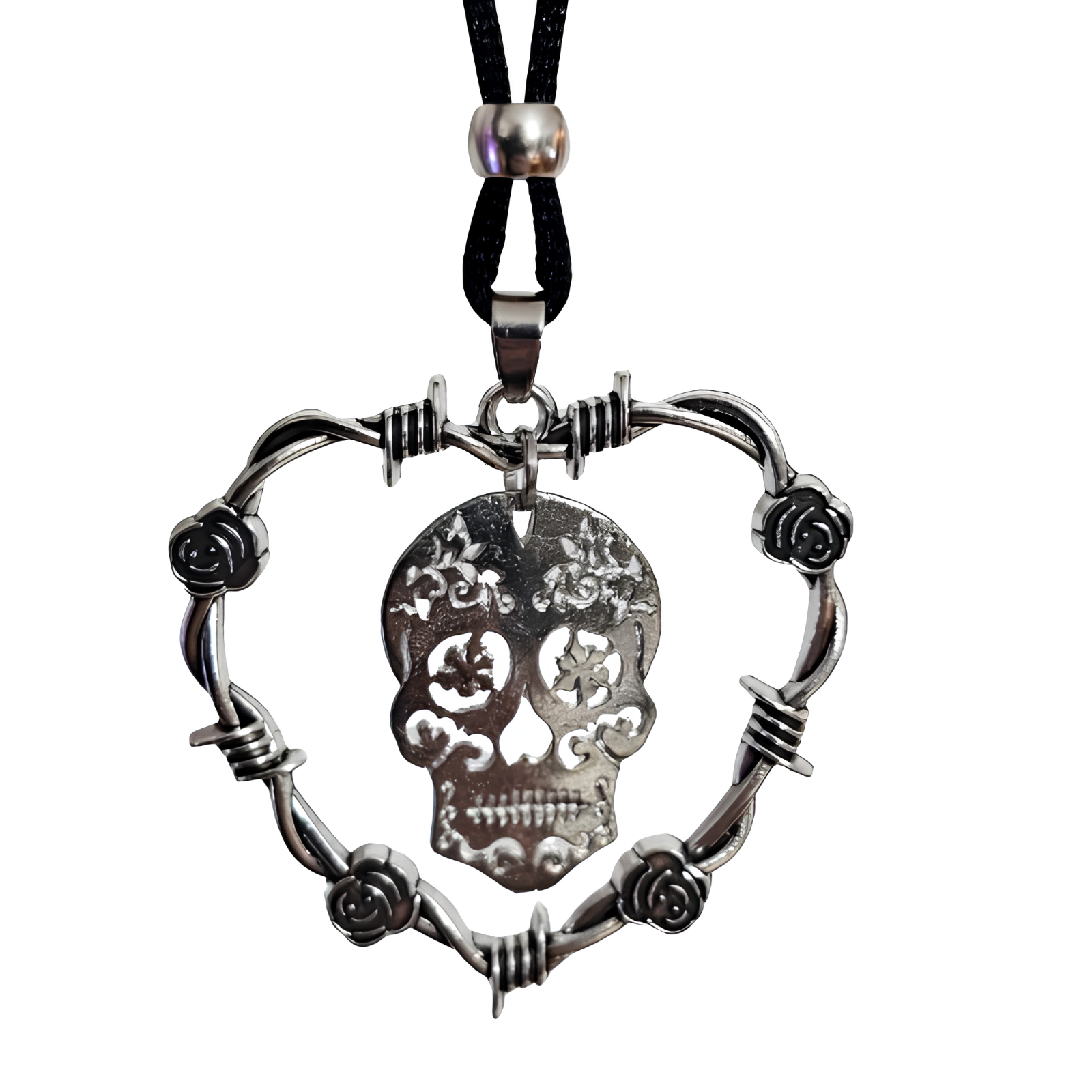 Barbed Wire Heart Rose Skull Pendant Necklace Beaded Cord Gothic Boho Jewellery