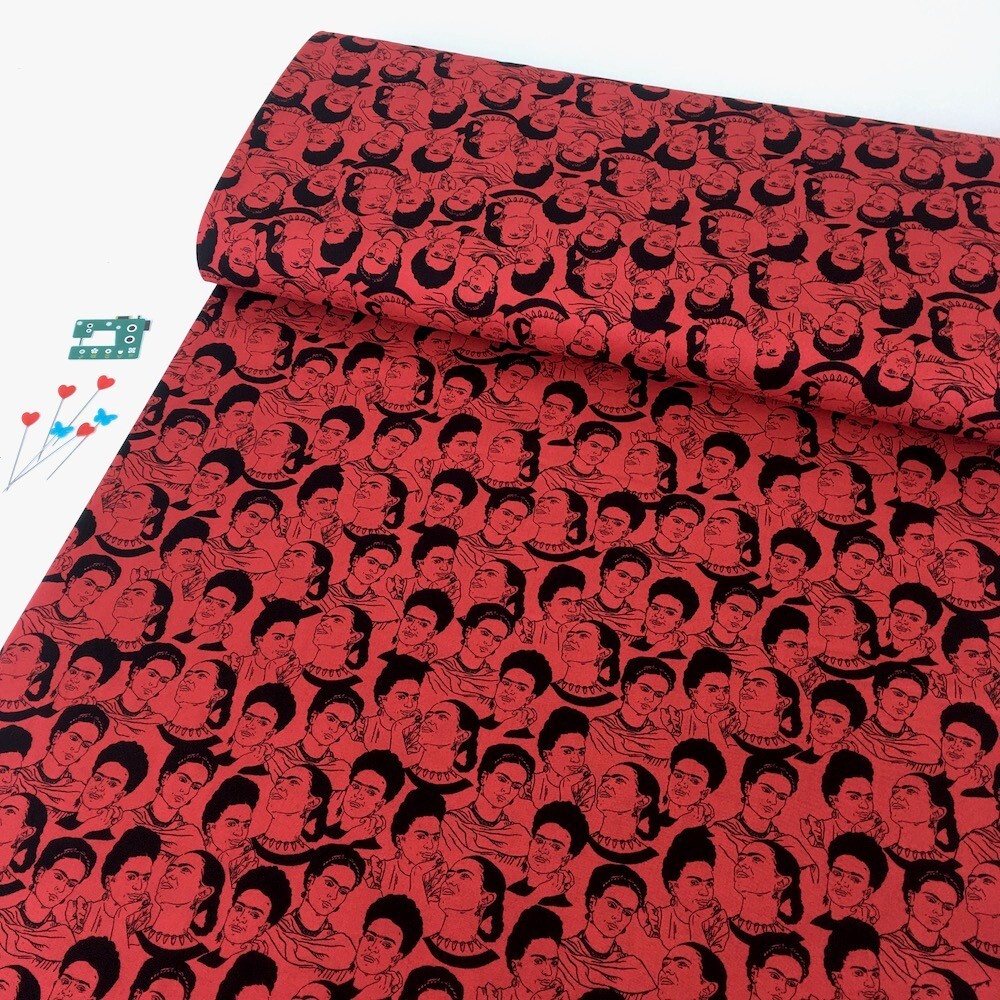 Quilting Cotton Robert Kaufman Frida Kahlo Mono Faces Red (Per Metre)
