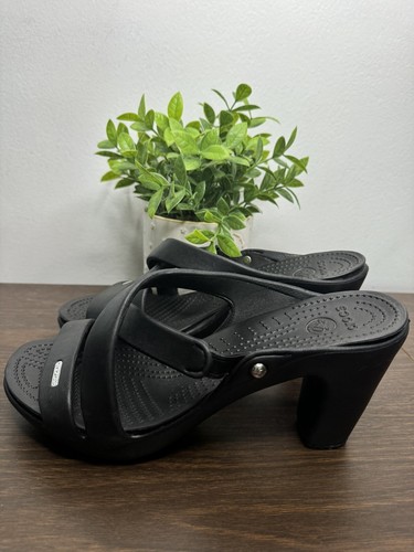Crocs 10 Black Sandals Heels Open Toe Criss Cross Strap Dressy - Picture 3 of 14