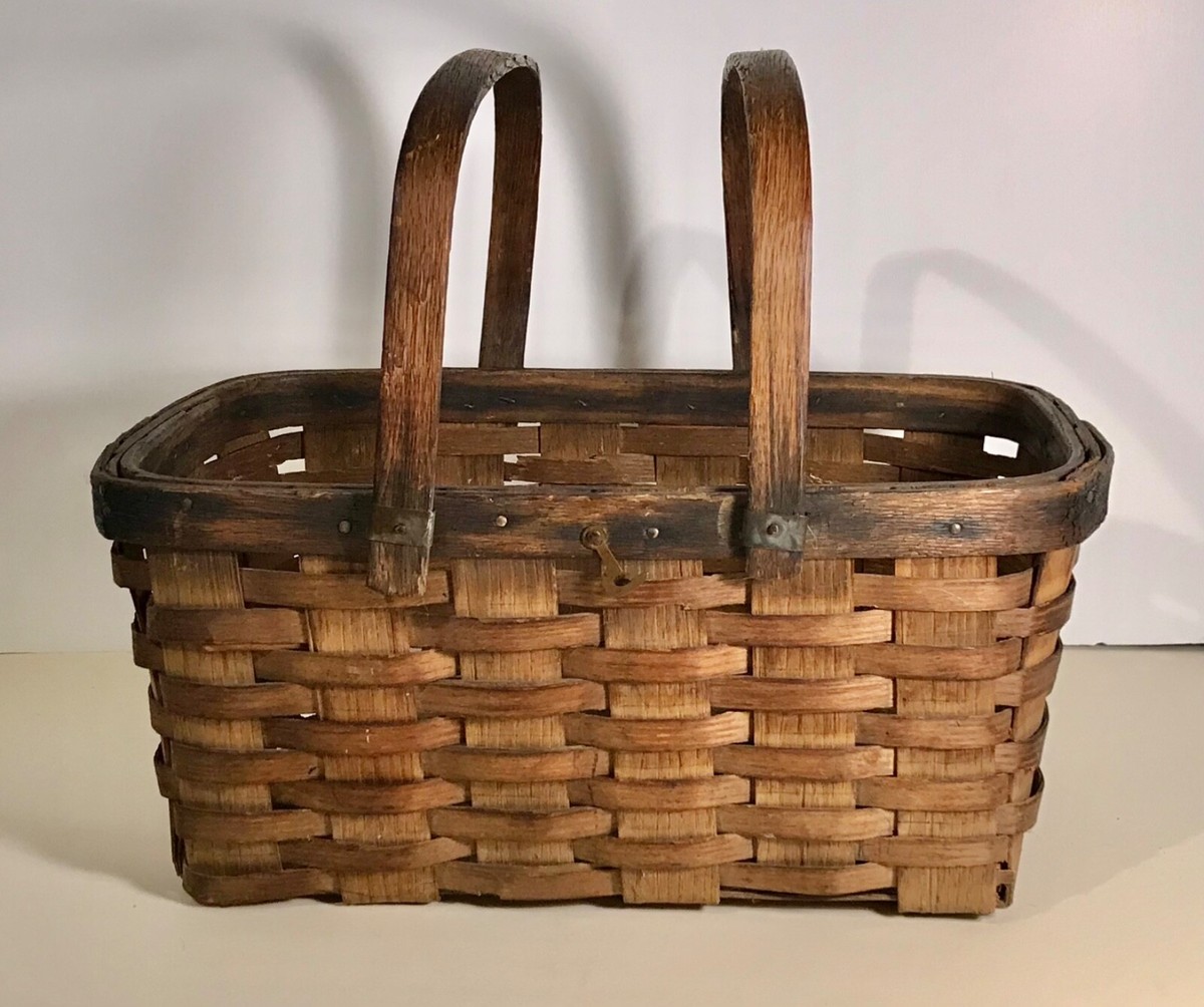Antique Split Oak Market Basket with Two Swing Bentwood Oak