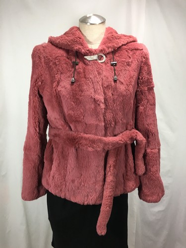 FREE SHIPG GREAT VALUE WARM LIGHT CORAL SHEAR FRENCH REX FUR LADY BELTED HOODIE