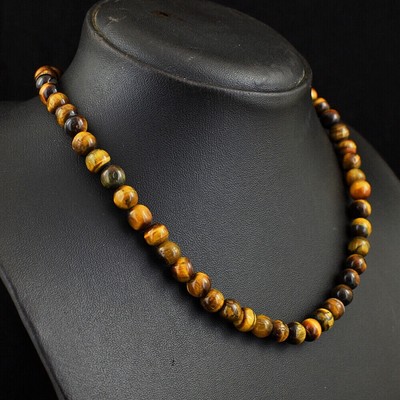 207 Cts Earth Mined Golden Tiger Eye Round Shape Beads Womens Necklace JK 46E390