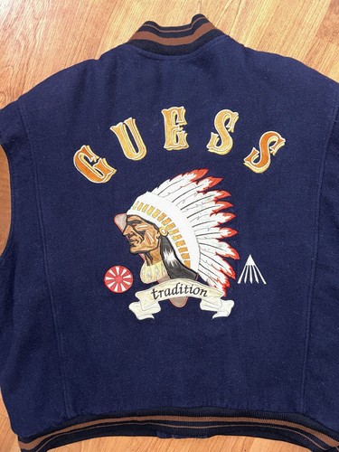 Vintage Guess Large Leather Wool Varsity Indian Aztec Jacket 90s (MAKE A OFFER) - Picture 4 of 11