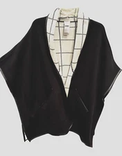 CHICOS Black Faux Leather Trim Cape Sweater Poncho Plaid Interior Women S / M