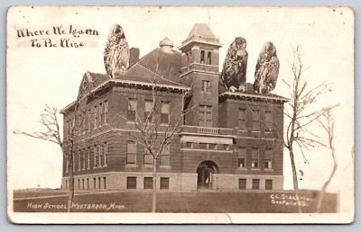 Postcard RPPC High School Westbrook MN Where We Learn to Be Wise Exaggerated Owl