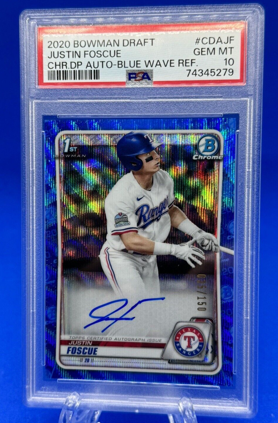 2020 Bowman Draft Justin Foscue 1st Bowman Chrome Blue Wave Auto /150 PSA 10