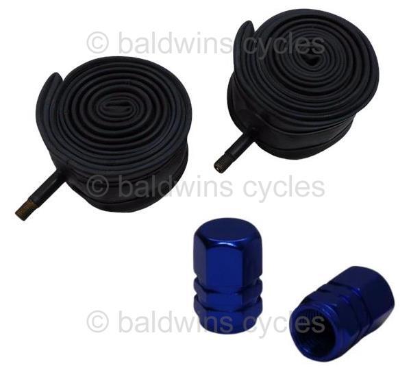 PAIR 24"" x 1.90 SCHRADER Valve Bicycle Inner Tubes + COLOURED ALLOY DUST CAPS