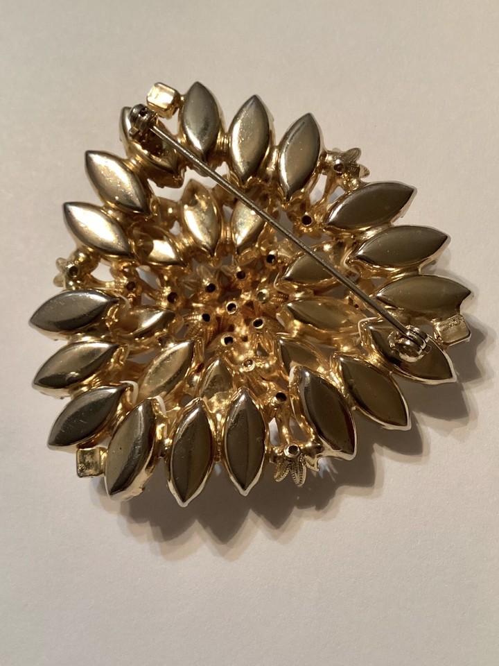 Vintage Rhinestone Layered Metal Flowers Milk Glass Petals Brooch