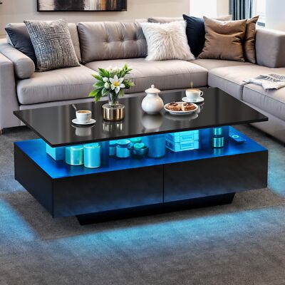 Black High Gloss Coffee Table Open Shelf with Dimmable LED Light & Slide Drawers