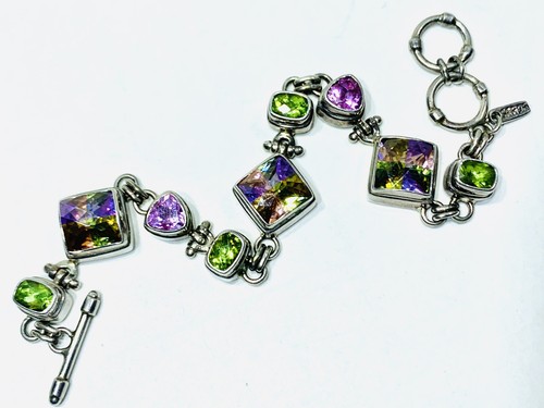 Sarda 925 Sterling Silver Rainbow Druzy Peridot Amethyst Gems Bracelet Gemstone - Picture 2 of 12