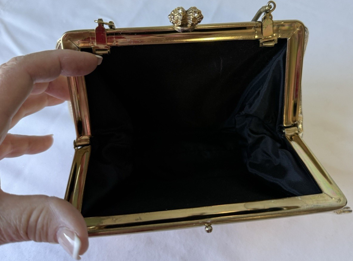 Vanessa Black Gold Frame Evening Bag Handbag Metal Fabric with Gold Handle