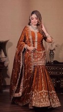 New Fendy Silk Orange Kurta Palazzo With Dupatta For Reception Party Wear