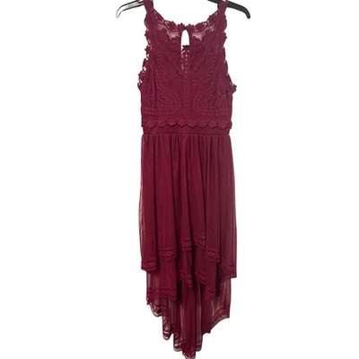 Francescas Burgundy Lace High Low Dress Sleeveless Mesh Floral XS