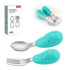 Baby Fork and Spoon Set with Carry Case Baby Training Utensils Self Dinosaur