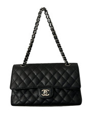 Authentic CHANEL Medium Classic Double Flap Bag Black Caviar Silver Hardware