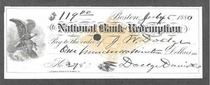 1880 Boston Bank Check RN-G1 "Eagle"