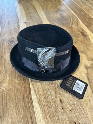 Mens Bruno Capelo Black Hat Australian Wool Fedora Teardrop Crown NWT Feather 
