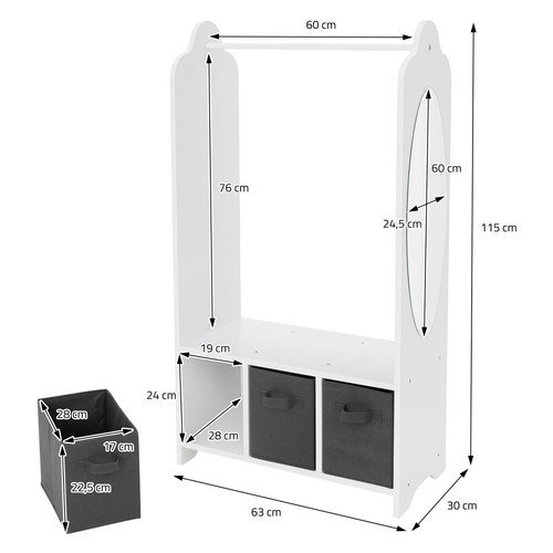 Perchero infantil de pie mueble blanco ropero con 3 compartimentos y espejo - Imagen 6 de 7