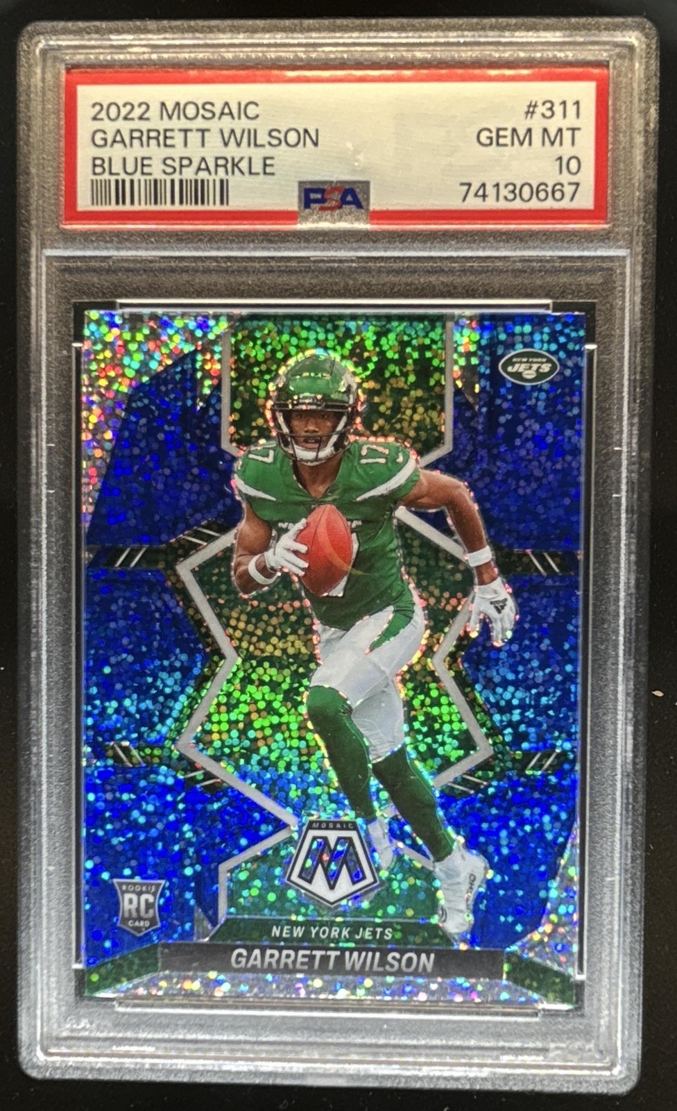 2022 Panini Mosaic Garrett Wilson RC Sparkle Blue SP Rookie #311 Jets PSA 10