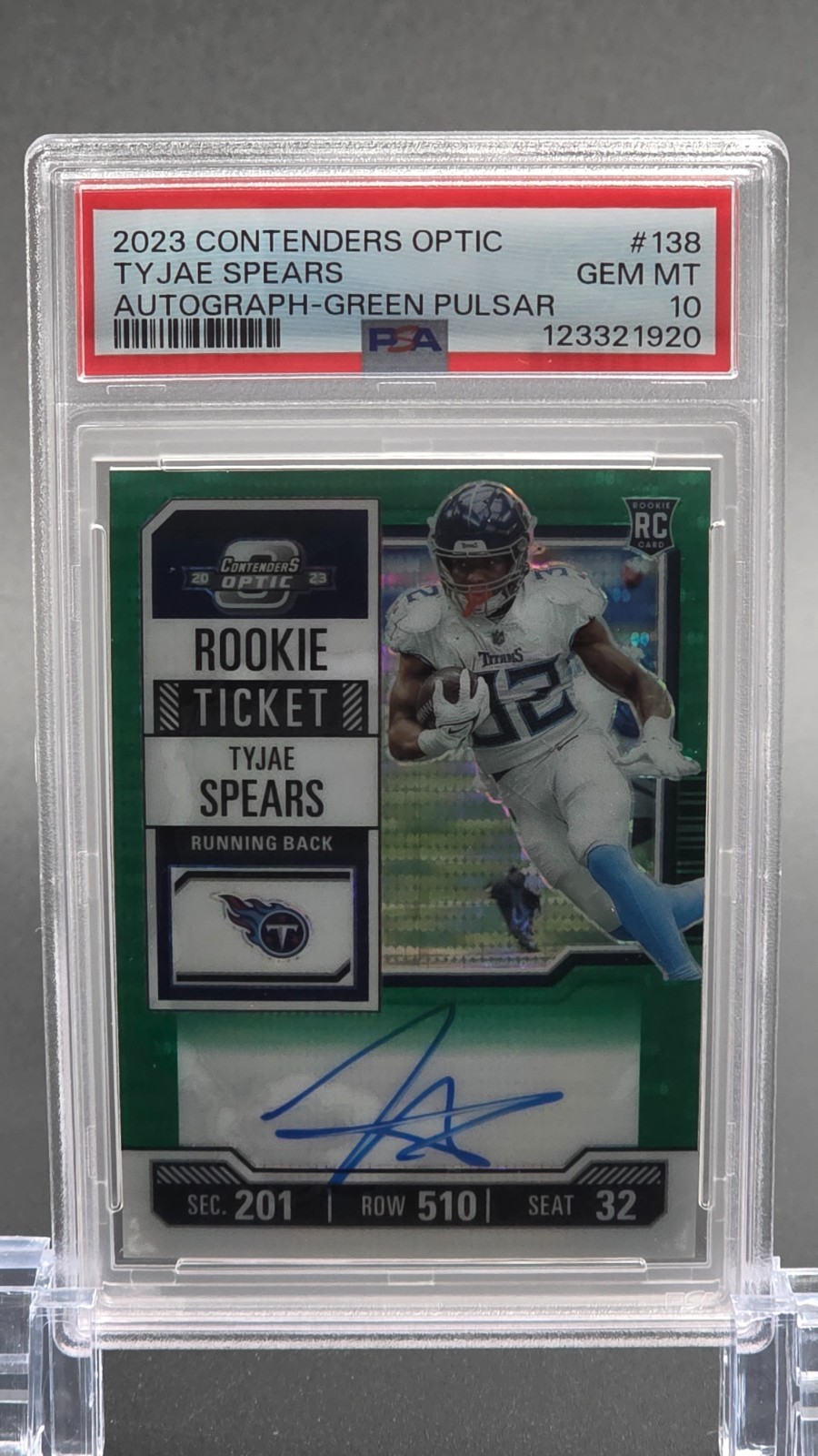 🏈 2023 TYJAE SPEARS AUTO CONTENDERS OPTIC GREEN PULSAR ROOKIE TICKET 138 PSA 10 view 2