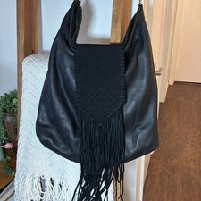 Margot New York Black Suede  Leather Fringe Hobo Crossbody Bag Boho Festival