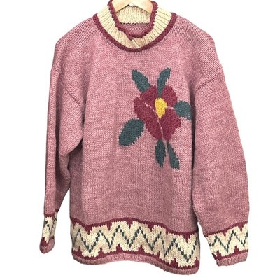 Vintage Handknit Pink Floral Cottagecore Intarsia Sweater Grandmacore Cozy Knit
