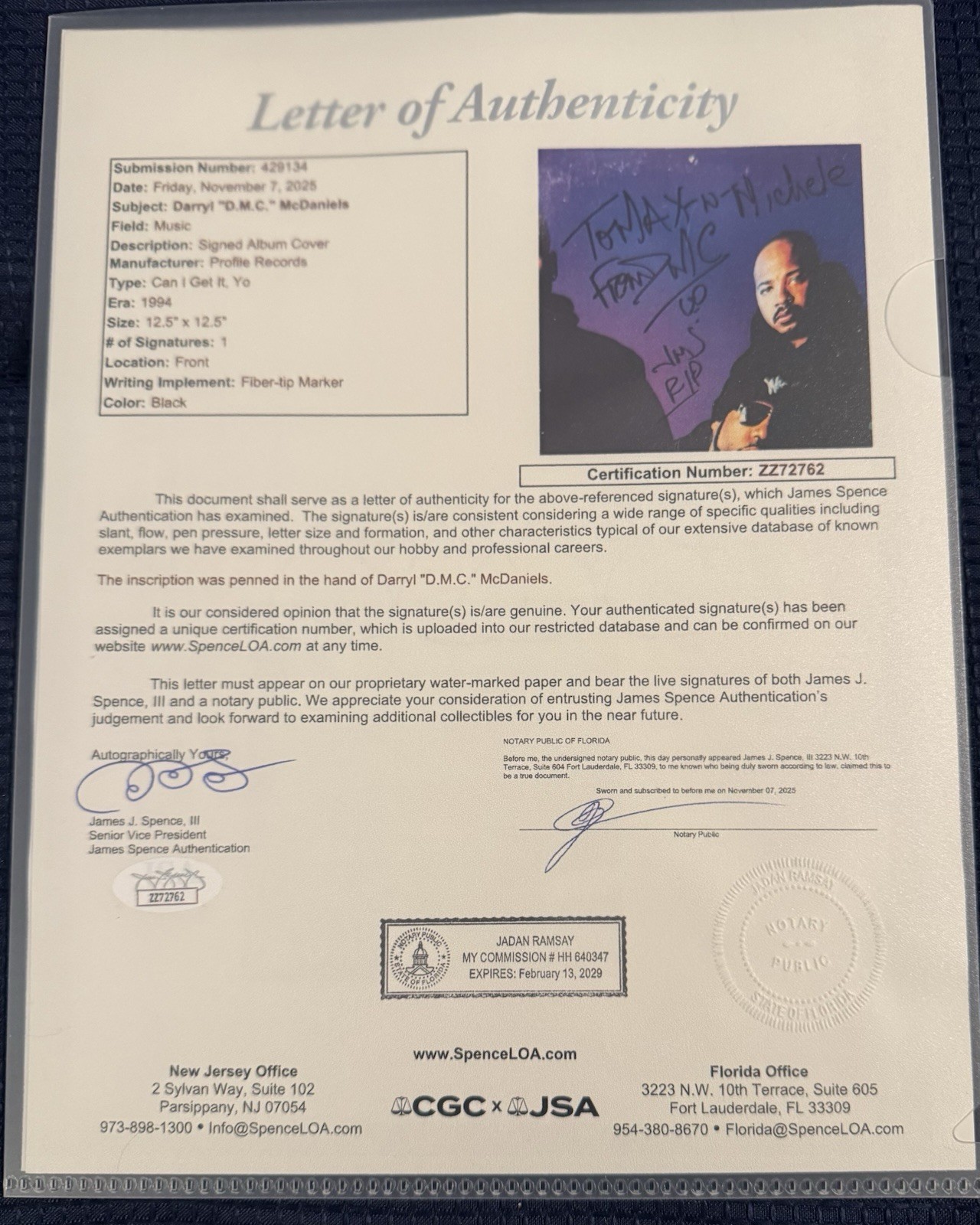 RUN DMC (Darryl McDaniel) Signed/Autographed Can I Get It, Yo Vinyl JSA LOA🔥