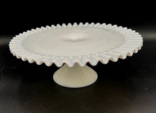 Vintage Fenton Hobnail White Milk Glass Cake Ruffled 13" Pedestal Stand