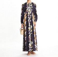 Tory Burch Pink Tropical Border Printed Silk Maxi Dress Navy Blue Floral Print 2