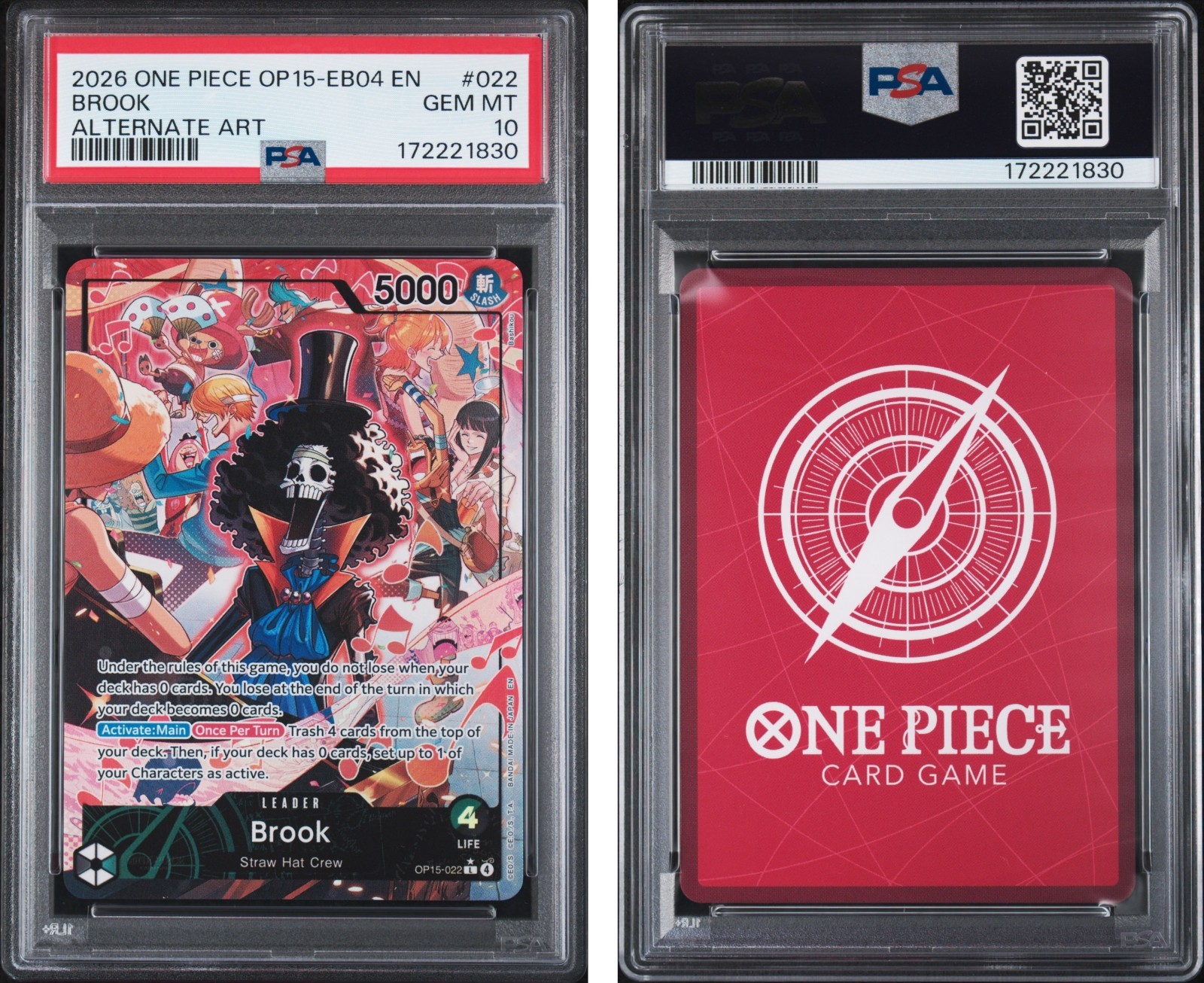 One Piece Brook OP15-022 Leader Alt Art Adventure on Kami's Island PSA 10 GEM view 3