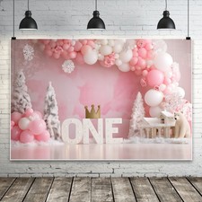 Pink Balloon Winter Baby Shower Backdrop One 1st Birthday Party Background Decor