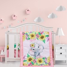 Cloele Crib Bedding Set for Baby Girls, Pink, 3 Piece,Elephant Sunflower