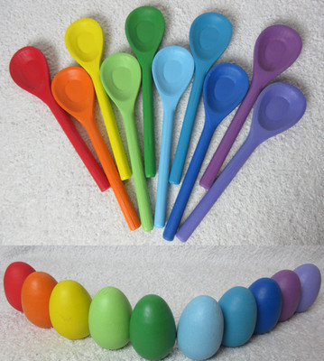 NEU Zikade 10 Holzeier und Löffel, Farbsortierspiel, Lernspielzeug