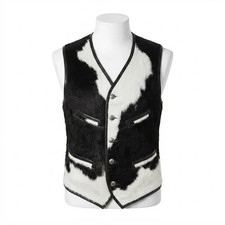 Men  s Genuine Cowhide Leather Vest, Black  White Hair-on Hide Western Waistcoat
