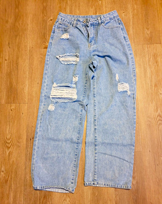 SHEIN Women's High Rise Wide-Leg Jeans Light Wash Blue Distressed 5-Pocket