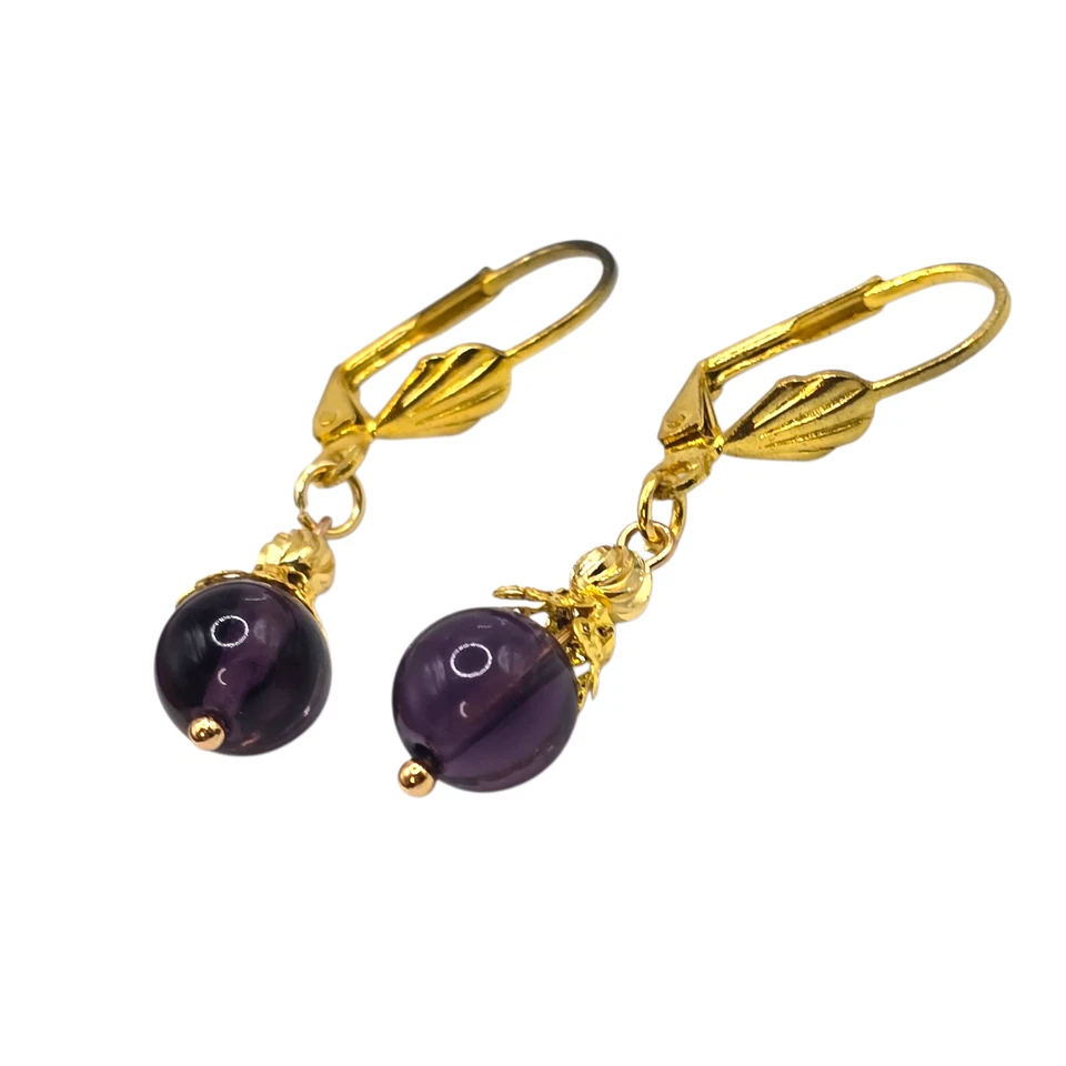 Amethyst Bead Pierced Earrings Dangle Drop Gold Tone Leverback 8mm SKU 2805 - Image 2 of 4