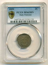 Italy -Tuscany 1859 2 Centesimi MS63 BN PCGS