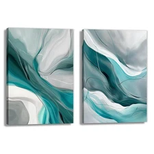 Abstract Canvas Wall Art Set Of 2 Watercolor Teal Gray White Painting Minimal...