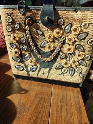 Enid Collins Vintage Bucket Bag Black Bird Jeweled Bucket Bag