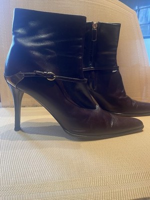 Ralph Lauren Women's Brown Leather High Heel Ankle Boot w Brass Plate & Buckle 