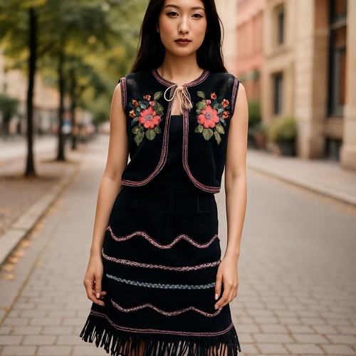 Vintage European Black Velvet Embroidered Folk Vest & Long Fringed Apron Size M