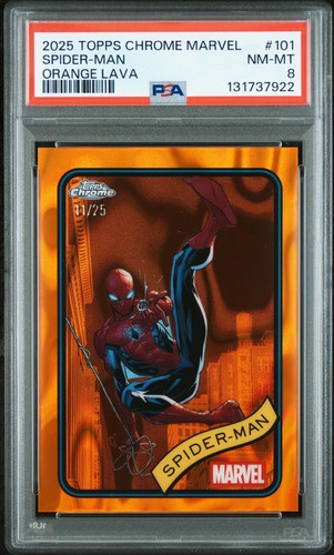 2025 TOPPS CHROME MARVEL ORANGE LAVA #101 SPIDER-MAN 11/25 PSA 8