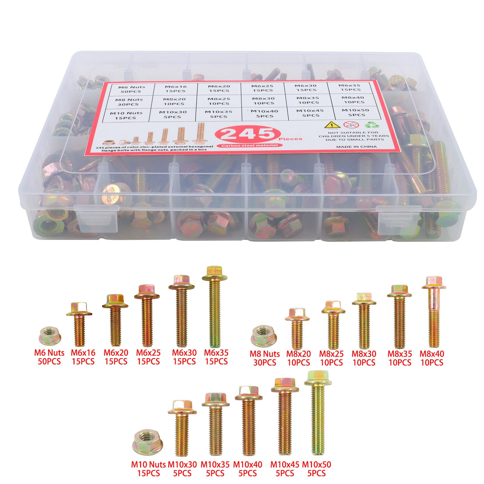245Pieces Grade 8.8 Flanged Bolts And Nuts Kit Metric Flanged M10 M8 M6 ±0.005mm
