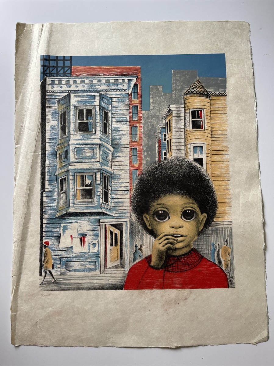 Margaret Keene Lithograph Portrait Big Eye Child Black Americana
