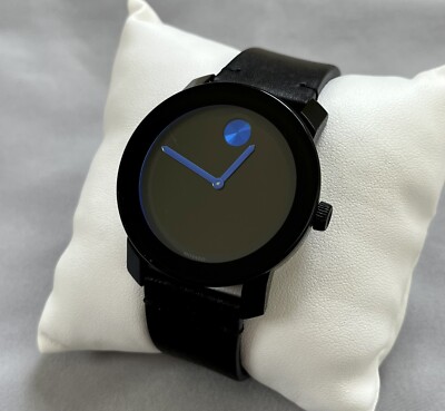 EUC Movado Bold Blue Black & Leather 42mm Leather Strap Quartz Watch Swiss Made